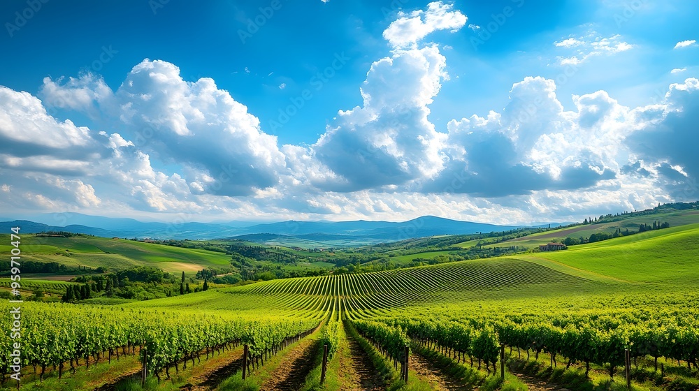 Fototapeta premium A picturesque view of rolling vineyards under a vibrant sky with fluffy clouds, showcasing the beauty of nature and agriculture in a tranquil setting. 