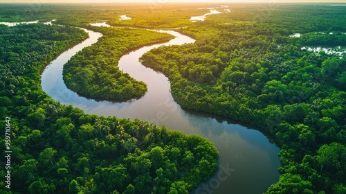 Aerial perspective of the Mekong River delta, with lush vegetation, river islands, and tributaries weaving through the landscape.