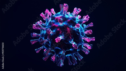 A 3D illustration of influenza A virus, with its spherical shape and detailed spike proteins in glowing blue and pink photo