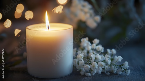 A softly glowing candle surrounded by delicate white flowers creates a serene and peaceful atmosphere, perfect for relaxation or meditation. 