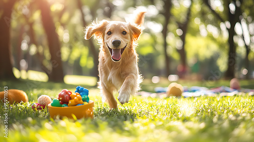 Joyful Dog Day OutA Playful Pup Surrounded by Colorful Pet Products in a Sunlit Park photo