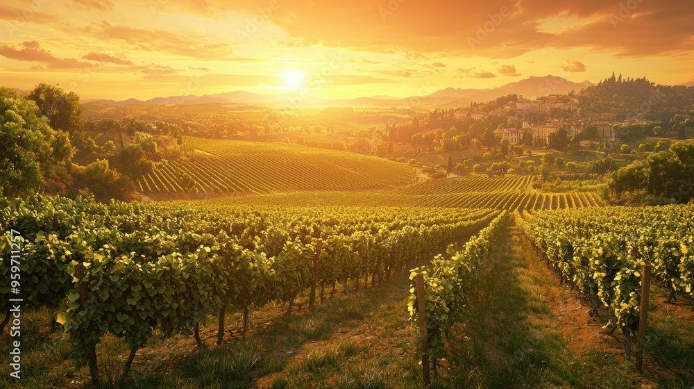 Fototapeta premium Scenic Sunset Over Lush Vineyard Landscape in Rolling Hills