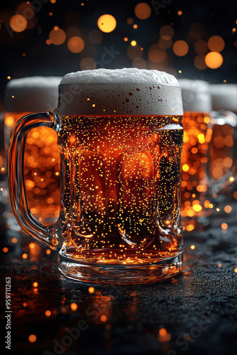 Foamy Beer in Assorted Mugs with Vibrant Lights