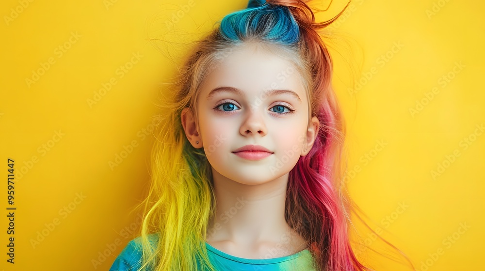 A young girl with vibrant rainbow-colored hair poses against a bright yellow backdrop, exuding confidence and creativity. A young girl with vibrant rainbow-colored hair poses against a bright yellow backdrop, exuding confidence and creativity.