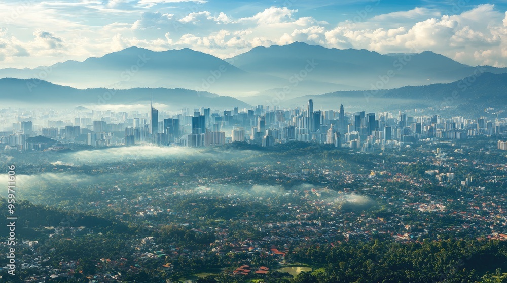 Aerial perspective of the urban sprawl of Kuala Lumpur, framed by the distant Titiwangsa mountain range. Aerial perspective of the urban sprawl of Kuala Lumpur, framed by the distant Titiwangsa mountain range.