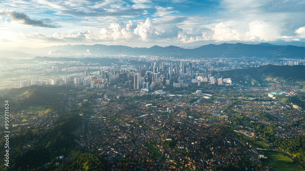 Fototapeta premium Aerial perspective of the urban sprawl of Kuala Lumpur, framed by the distant Titiwangsa mountain range.