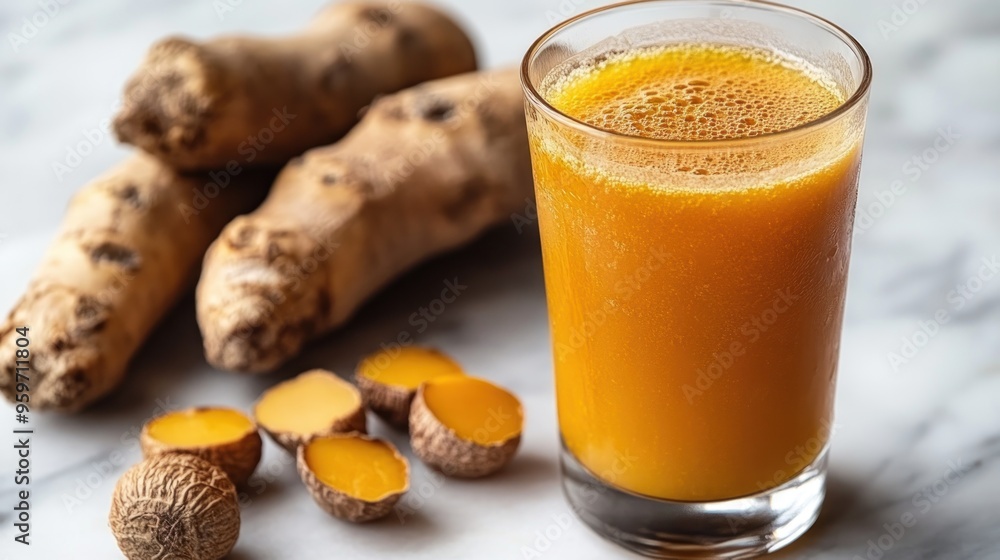 A glass of turmeric juice with fresh turmeric root and slices on a marble surface. A glass of turmeric juice with fresh turmeric root and slices on a marble surface.