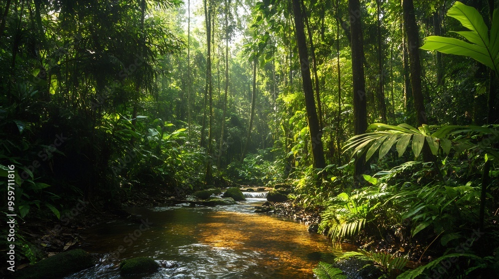 Fototapeta premium Sunlight filtering through the canopy of a dense rainforest, illuminating a small stream flowing through the lush foliage.