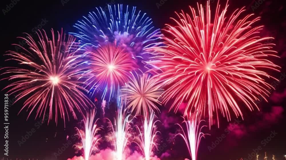 Bright and vibrant fireworks exploding in a burst of colors, lighting up the night sky with dazzling displays Bright and vibrant fireworks exploding in a burst of colors, lighting up the night sky with dazzling displays