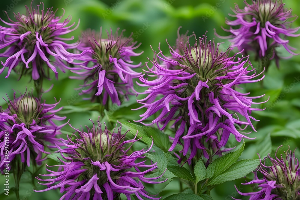 Purple bee balm flowers with tubular petals and green leaves, AI Generated Purple bee balm flowers with tubular petals and green leaves, AI Generated
