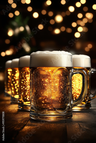 Different Beer Mugs with Foamy Beer.