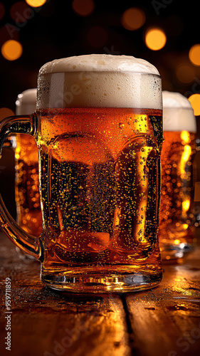 Foamy Beer in Mugs with Background Lights