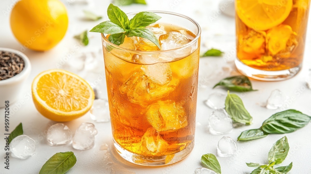 Refreshing iced tea with lemon and basil in a glass with ice cubes. Refreshing iced tea with lemon and basil in a glass with ice cubes.