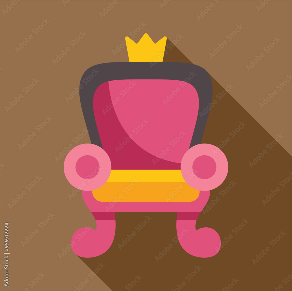 Pink royal throne with golden crown icon representing monarchy, power and kingdom in flat design Pink royal throne with golden crown icon representing monarchy, power and kingdom in flat design