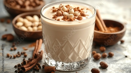 A glass of creamy milkshake topped with white chocolate chips, cocoa powder and cinnamon sticks, with bowls of ingredients in the background.