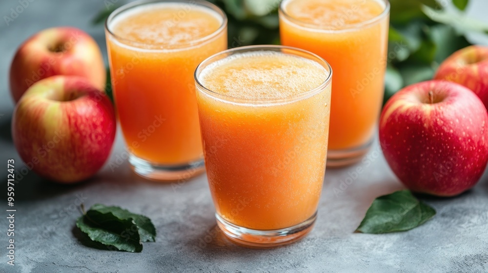 Three glasses of fresh apple juice with apples and leaves on a gray surface. Three glasses of fresh apple juice with apples and leaves on a gray surface.
