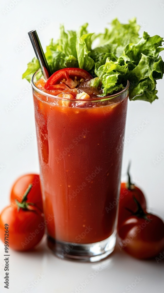 A tall glass of bloody mary cocktail with a celery stalk, tomato wedge and lettuce garnish. Three tomatoes are arranged next to the glass. A tall glass of bloody mary cocktail with a celery stalk, tomato wedge and lettuce garnish. Three tomatoes are arranged next to the glass.