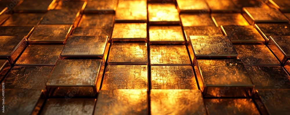 Deep 3D gold squares pattern, gradient lighting, shadow interplay, metallic sheen. Abstract and Minimalistic Design Backgrounds Deep 3D gold squares pattern, gradient lighting, shadow interplay, metallic sheen. Abstract and Minimalistic Design Backgrounds