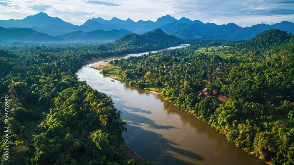 Aerial shot of the confluence of the Mekong and Nam Khan Rivers in Luang Prabang, with surrounding lush greenery. Aerial shot of the confluence of the Mekong and Nam Khan Rivers in Luang Prabang, with surrounding lush greenery.