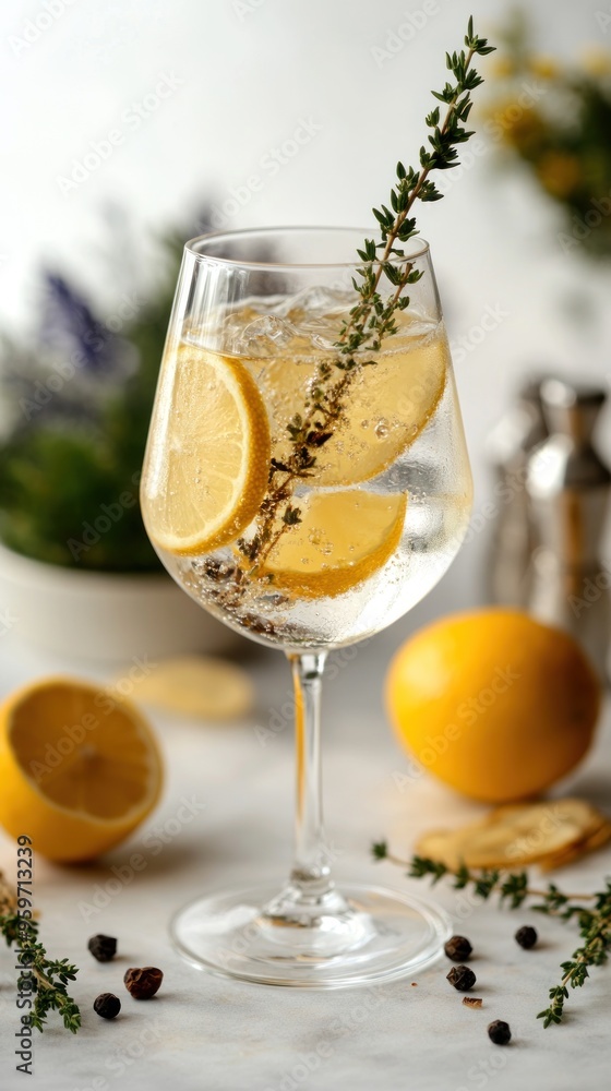 Fototapeta premium A refreshing gin and tonic garnished with lemon slices, thyme, and ice.