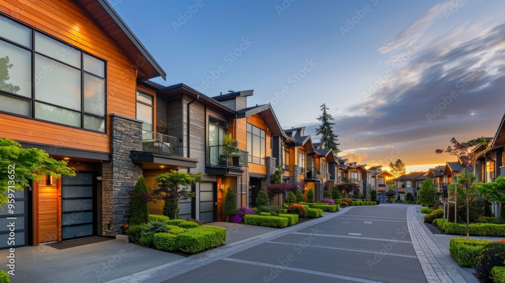 A row of luxurious townhouses with a harmonious mix of wood stone and glass accents nestled amidst manicured landscaping and bathed in the warm glow of the setting sun A row of luxurious townhouses with a harmonious mix of wood stone and glass accents nestled amidst manicured landscaping and bathed in the warm glow of the setting sun