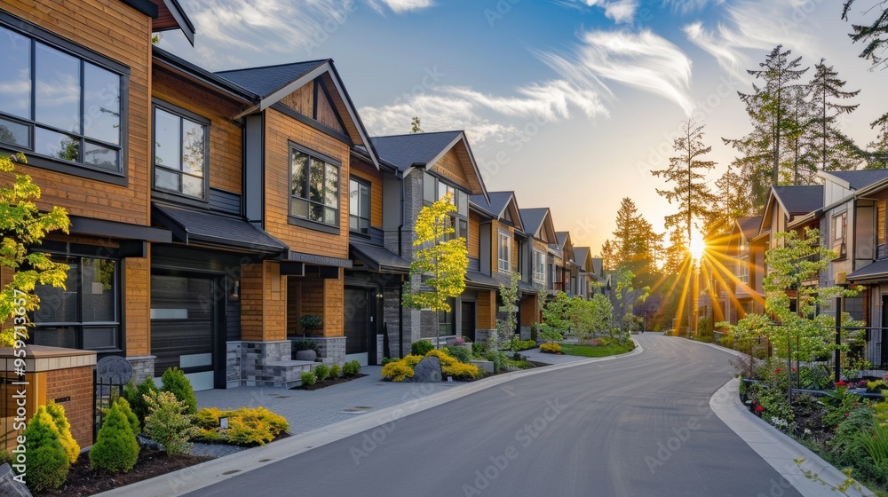 Fototapeta premium A row of luxurious townhouses with a harmonious mix of wood stone and glass accents nestled amidst manicured landscaping and bathed in the warm glow of the setting sun