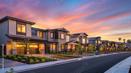 A row of luxurious townhouses with a harmonious mix of wood stone and glass accents nestled amidst manicured landscaping and bathed in the warm glow of the setting sun