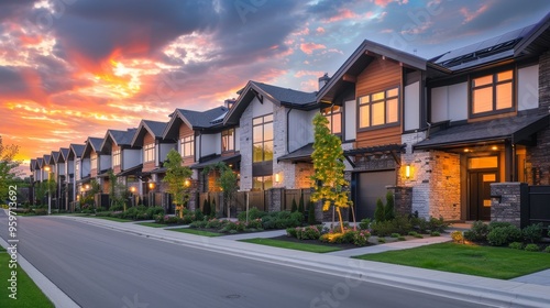 A row of luxurious townhouses with a harmonious mix of wood stone and glass accents nestled amidst manicured landscaping and bathed in the warm glow of the setting sun