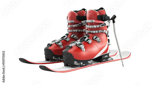 Red ski boots and skis isolated transparent background photo