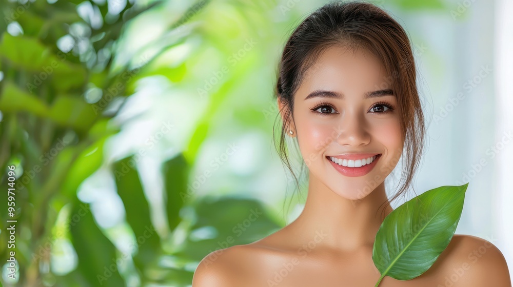 Radiant Asian Woman Embracing Nature's Beauty with a Warm Smile and Green Leaf Background Radiant Asian Woman Embracing Nature's Beauty with a Warm Smile and Green Leaf Background