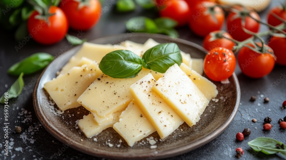 Cheese slices with basil and cherry tomatoes Cheese slices with basil and cherry tomatoes