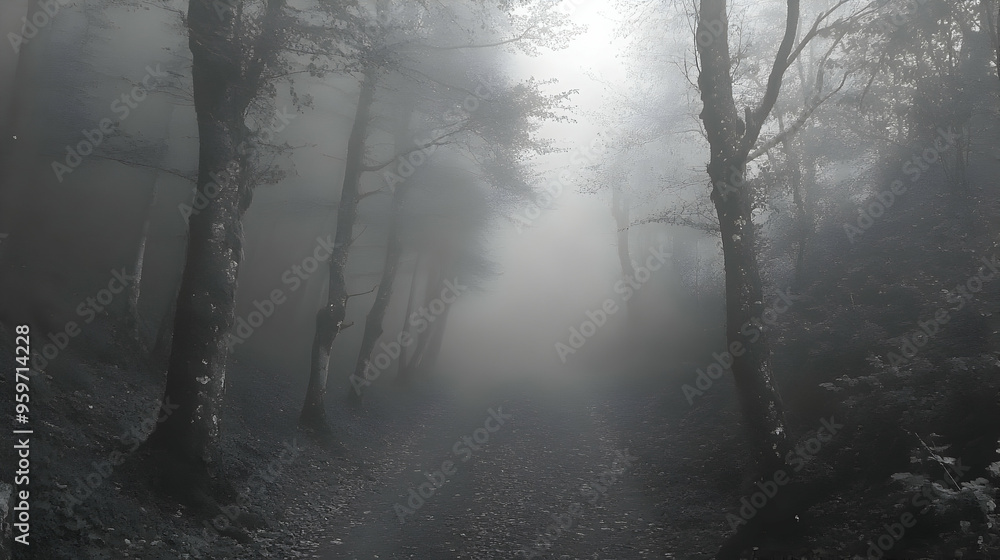 Foggy Forest Path Mysterious Woodland Scene Eerie Nature Background Foggy Forest Path Mysterious Woodland Scene Eerie Nature Background