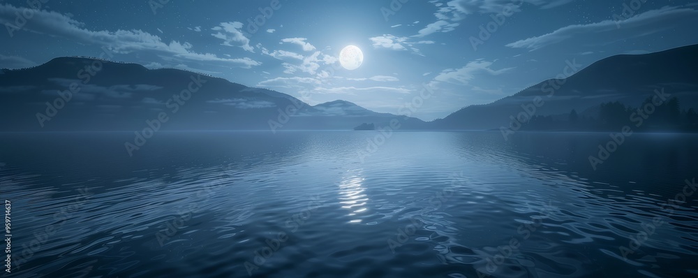 Naklejka premium A serene moonlit night reflecting on the calm surface of a lake, 4K hyperrealistic photo