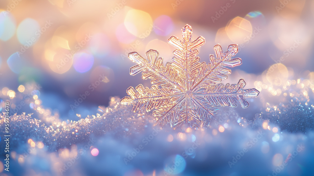 a colorful glittering snowflake with beautiful snow crystals, sunlight and lens flare, winterscene a colorful glittering snowflake with beautiful snow crystals, sunlight and lens flare, winterscene