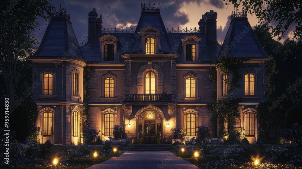 Naklejka premium Illuminated Grandiose Mansion in Historic European Style with Landscaped Gardens at Night