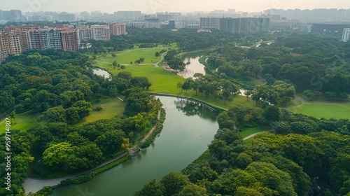 Aerial shot of the quiet, green expanse of Bishan-Ang Mo Kio Park, with its meandering river and open spaces.