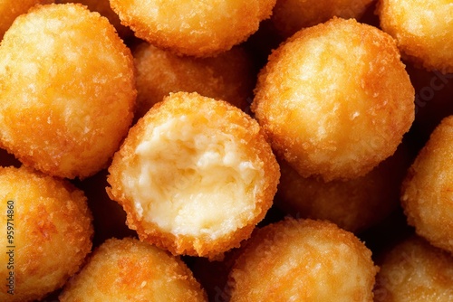 Close-up of crispy, golden cheese balls, perfectly fried with a creamy center, ideal for a hearty snack or appetizer.