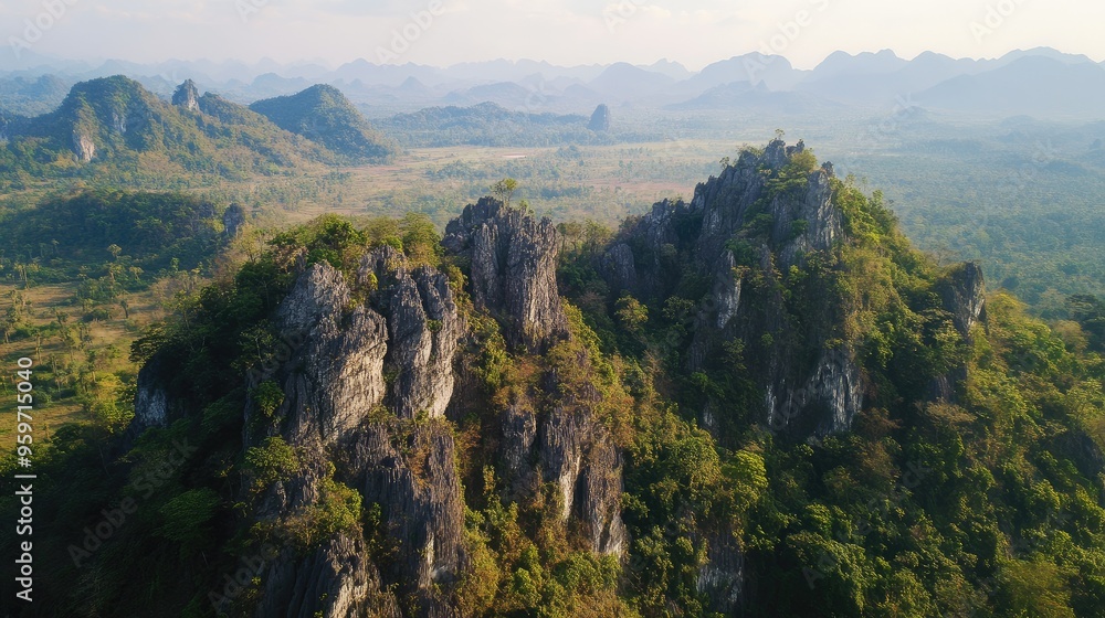 Aerial shot of the rocky outcrops and forested terrain of the Nam Ha National Protected Area in northern Laos. Aerial shot of the rocky outcrops and forested terrain of the Nam Ha National Protected Area in northern Laos.