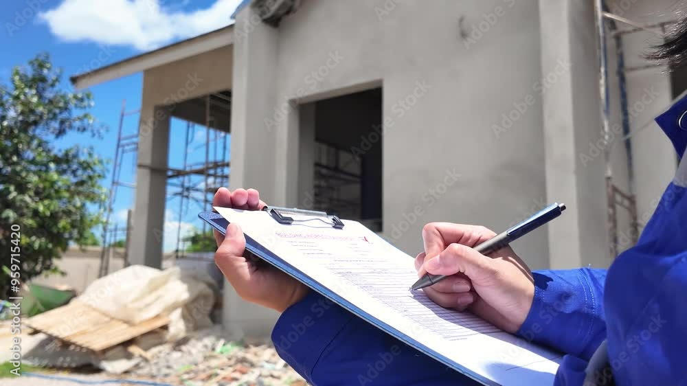 Checking Before Building An architect is checking on house building quality checklist form to ...