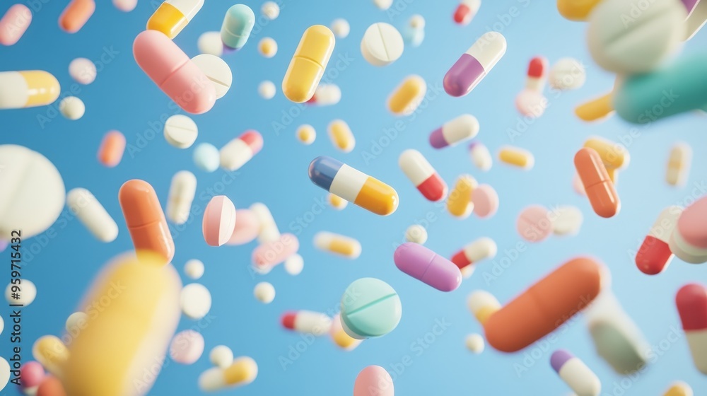 Colorful pills and capsules floating in the air, creating a vibrant and dynamic representation of health and medicine. Colorful pills and capsules floating in the air, creating a vibrant and dynamic representation of health and medicine.