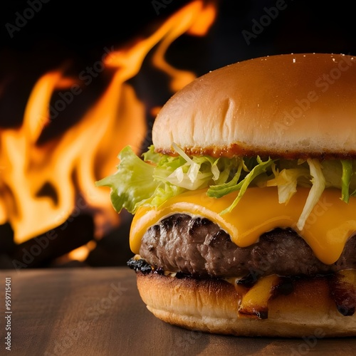 a spicy battered fried chicken hamburger with fire and flying chilli, isolated on a dark background