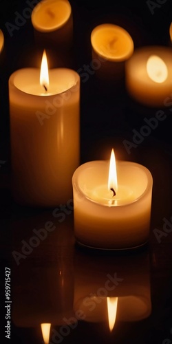 Soft light from flickering candles illuminates tranquil scene, inviting calming ambiance. Expression of regret, eternal memory and mourning. Religious ritual cult. Moments of reflection serenity. AI