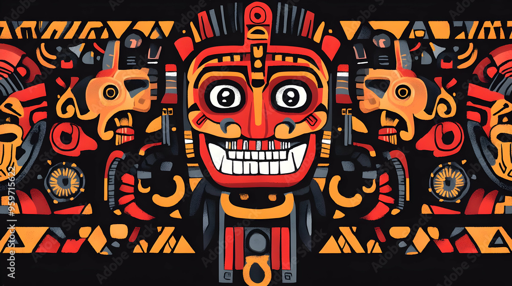 Obraz premium Aztec God Mask with Geometric Pattern