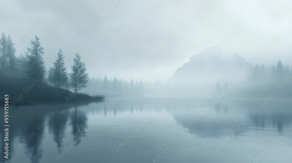 Fototapeta premium Misty morning with a mountain reflected in a still lake.