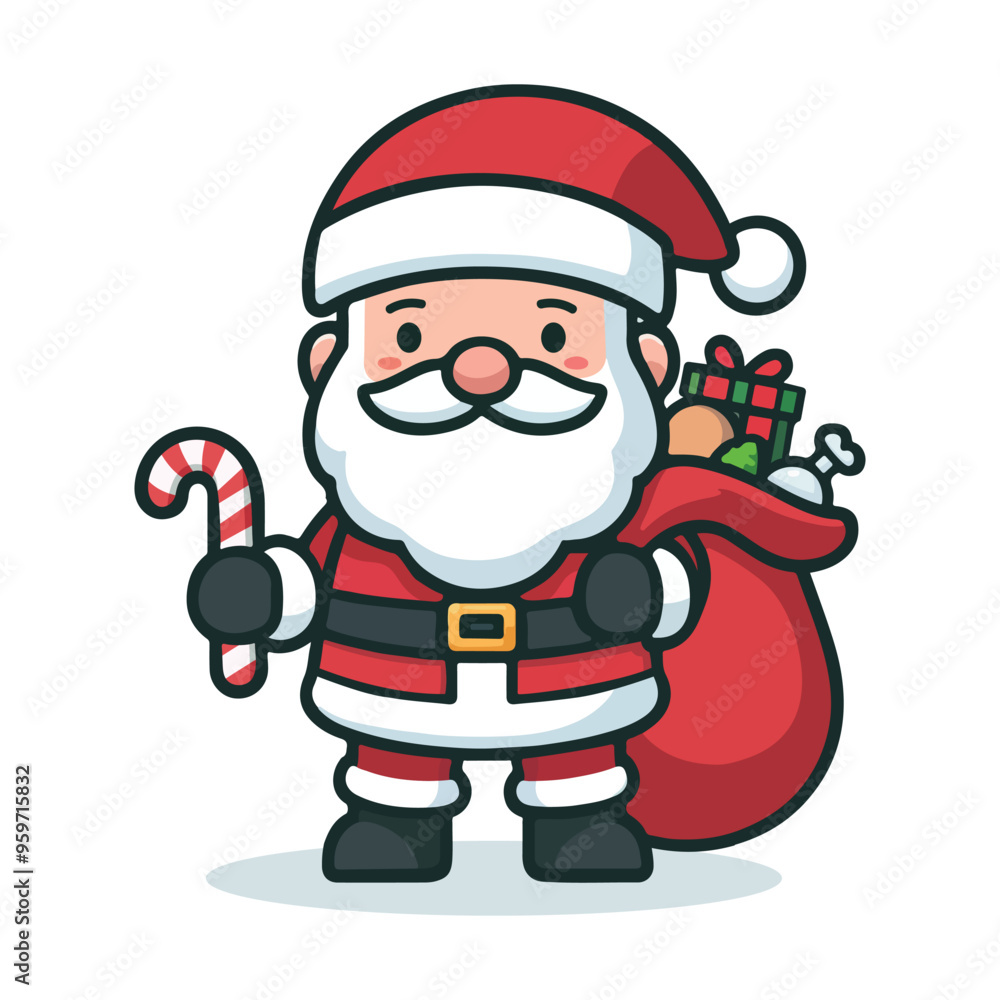 Jolly Santa Claus Cartoon Illustration with Candy Cane and Gift Bag Jolly Santa Claus Cartoon Illustration with Candy Cane and Gift Bag