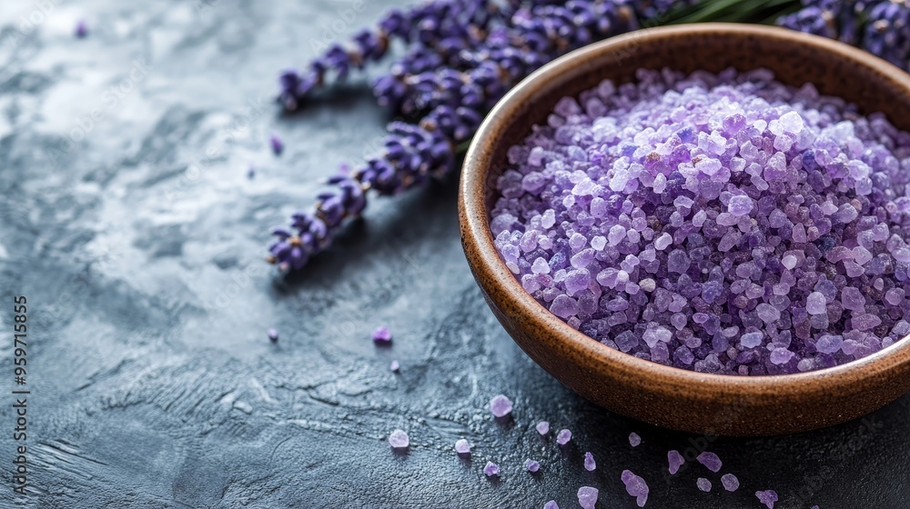 Lavender sea salt in a wooden bowl, surrounded by fresh lavender sprigs. A calming and aromatic addition to any spa setting. Lavender sea salt in a wooden bowl, surrounded by fresh lavender sprigs. A calming and aromatic addition to any spa setting.