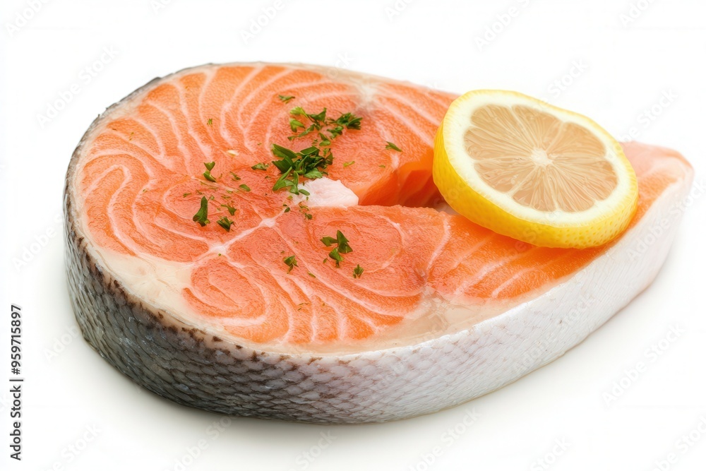 Fresh salmon steak garnished with lemon and herbs, ready for cooking. Perfect for a healthy and delicious meal. Fresh salmon steak garnished with lemon and herbs, ready for cooking. Perfect for a healthy and delicious meal.