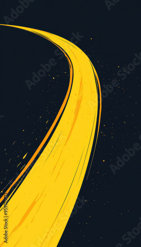 Curved yellow skidmark on a dark asphalt road. photo