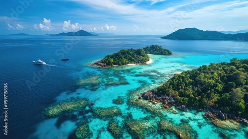 Fototapeta Naklejka Na Ścianę i Meble -  Aerial shot of the stunning coral reefs and marine life around Redang Island in the South China Sea.