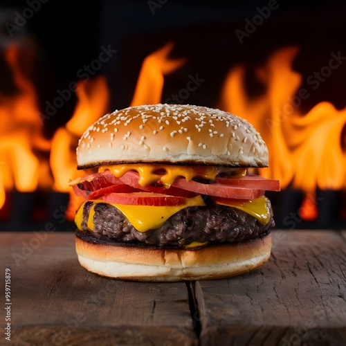 a spicy battered fried chicken hamburger with fire and flying chilli, isolated on a dark background